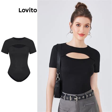 Lovito Bodysuits Casual Liso Recortes Para Mulheres L Ed Preto