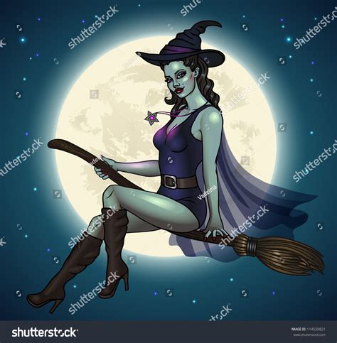 Sexy Pinup Witch Flying On Broom Stock Vector 114539821 Shutterstock