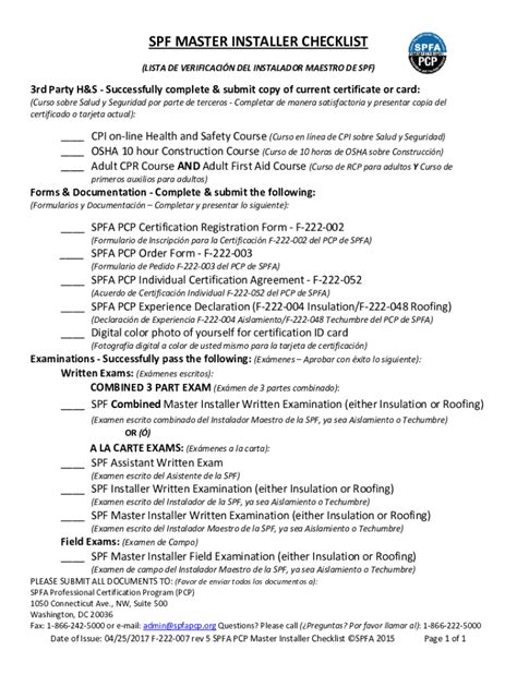 Fillable Online F 222 007 Rev 5 SPFA PCP Master Installer Checklist Fax