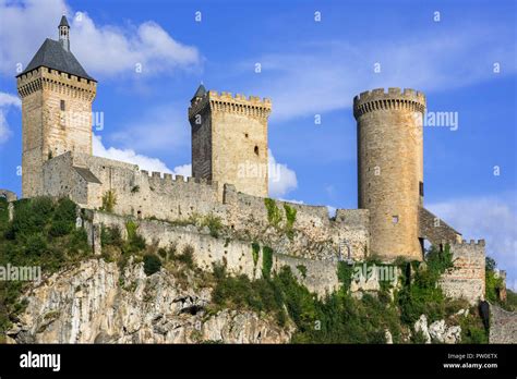 The medieval Château de Foix castle overlooking the town Foix, Ariège ...