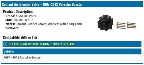 1997 2012 Porsche Boxster Coolant Air Bleeder Valve Apauro Parts 996