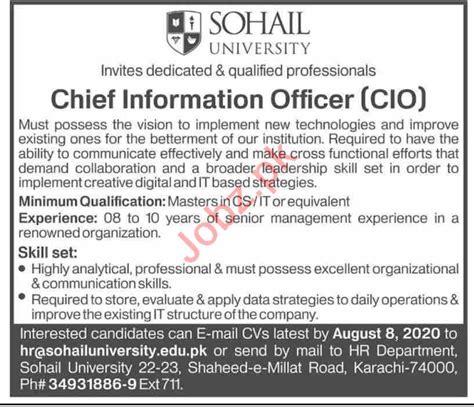 Sohail University Karachi Jobs For Chief Information Officer Job