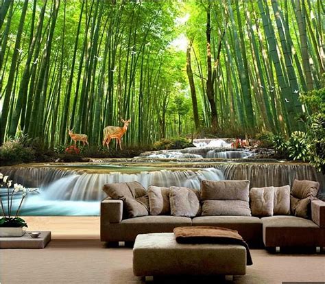 Tamaño Personalizado Mural 3d Sala De Estar Cascada Bambú Bosque Alces Tv Telón De No Tejido