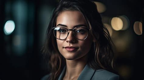 Premium Ai Image A Woman Wearing Glasses Stands In A Dark Room With Lights In The Background