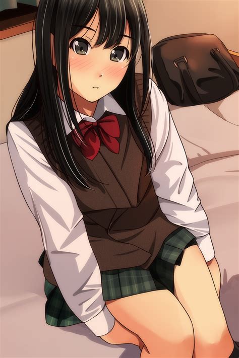 Safebooru 1girl Absurdres Bangs Bed Black Hair Blush Bow Brown Eyes