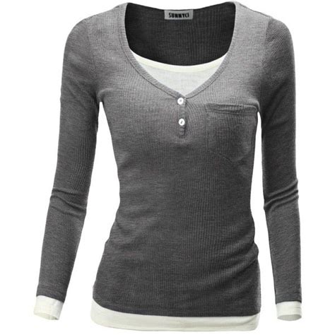 Sunnyci Womens Basic Layered Henley Long Sleeve Pocket T Shirt Shirt