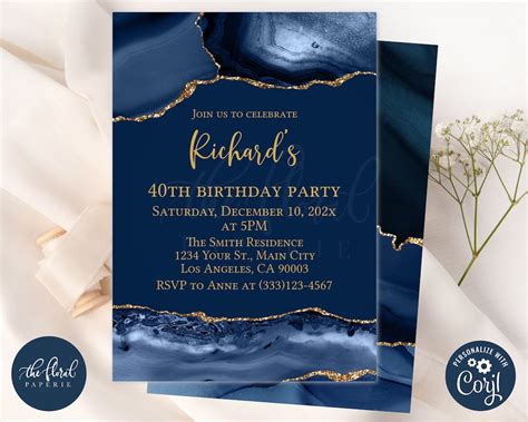 Blue and Gold Birthday Invitation Template, Editable Any Age Birthday ...