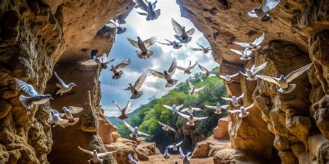 Bando De Pombos Voando Na Caverna E Criativa Ilustração Stock