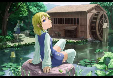 2girls Animal Blonde Hair Blue Eyes Building Dress Forest Frog Green