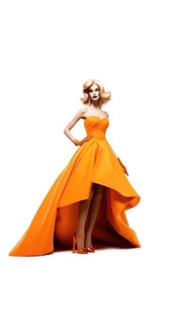 Premium Photo | A model in an orange dress with a long skirt.