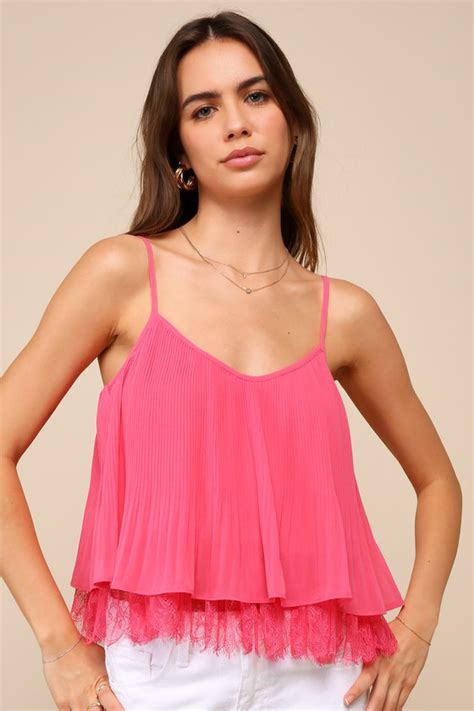 Hot Pink Plisse Top Pink Cami Top Lace Trim Cami Top Lulus