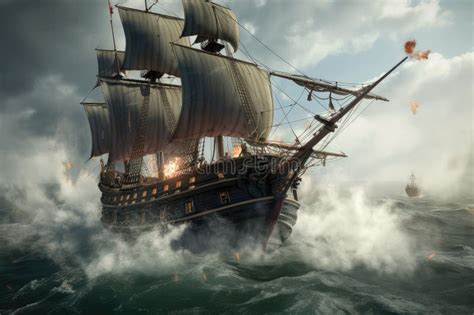 Pirate Ship Under Attack By Enemy With Cannon Fire And Smoke In The