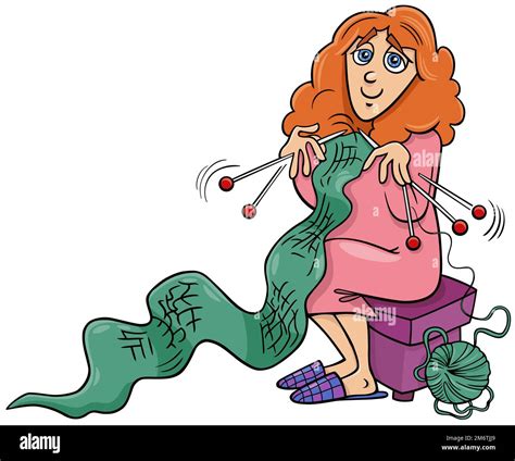 Cartoon woman character knitting a scarf Stock Photo - Alamy