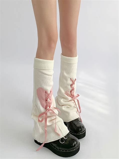 900 Heart Pattern Lace Up Details Leg Warmers 3 Color Options In