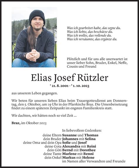 Todesanzeigen von Elias Rützler Todesanzeigen Vorarlberger Nachrichten