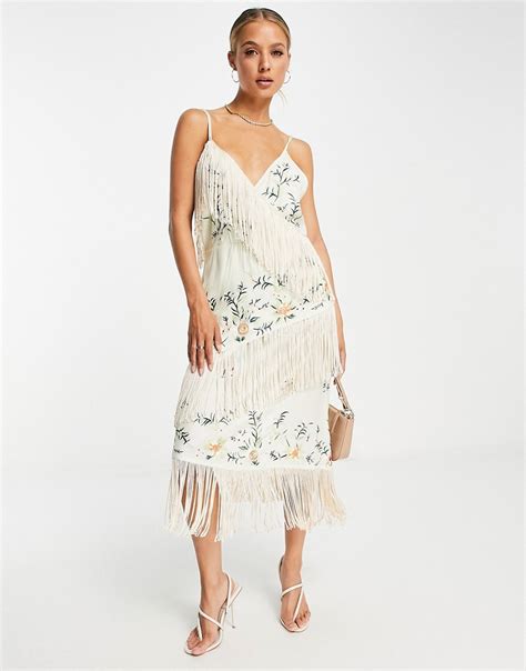 River Island Embroidered Fringe Wrap Midi Dress In Cream White Modesens