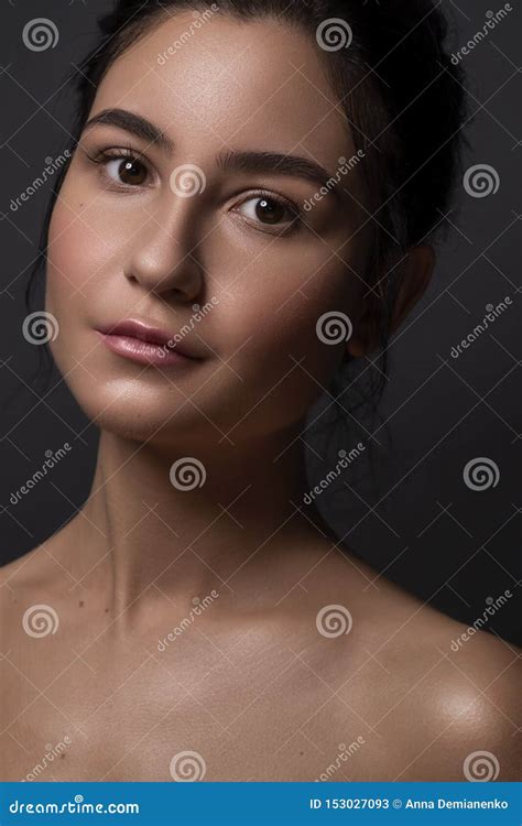 Close Up Portrait Of Brunette Woman With Flawless Clean Skin Natural