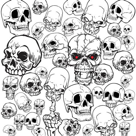 A Bunch Of Skulls With Red Eyes And One Skull In The Middle Is