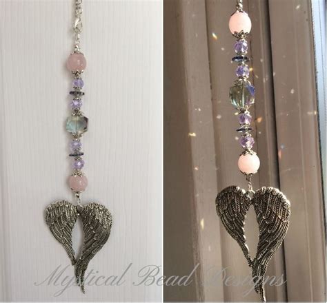 Handmade Rose Quartz Gemstone Glass Beaded Angel Wings Home Decor