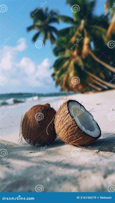 Two Coconuts Are Laying On The Sand On A Beach Stock Image Image Of