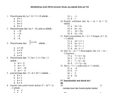 Soal Dan Kunci Jawaban Matematika Aljabar Kelas 7 Tk Paud