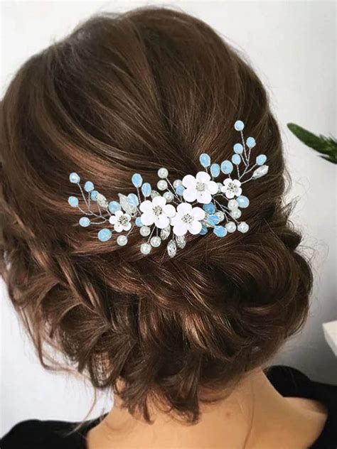 Amazon Yean Silver Flower Bride Wedding Hair Vine Blue Rhinestone