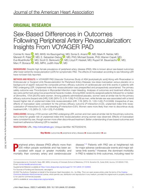 Pdf Sex Based Differences In Outcomes Following Peripheral Artery