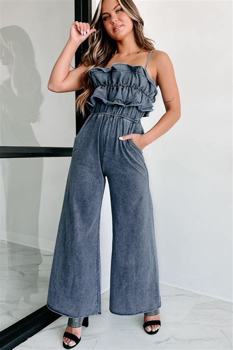 Under Your Love Spell Ruffled Wide Leg Jumpsuit Dark Denim Blue