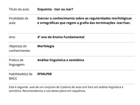 Esquenta Izar ou isar Planos de aula 4º ano Língua Portuguesa