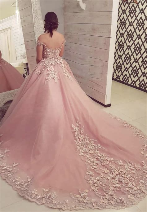 Off Shoulder Pink Lace Floral Long Prom Dresses 3d Flower Pink Long Formal Evening Dresses On