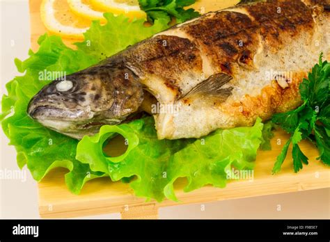 Roasted Striped Sea Bass Stock Photo Alamy