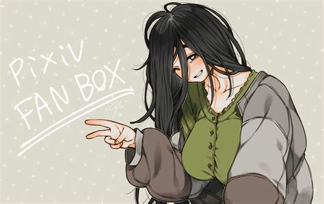 Safebooru 1girl Black Hair Blush Breasts Fanbox Green Sweater Grey