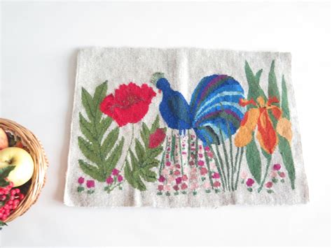 Vintage Handwoven Wall Decor Blue Bird Peacock Flowers Flamsk Flemish