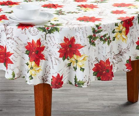 Poinsettia Script Round Christmas Tablecloth Round Christmas