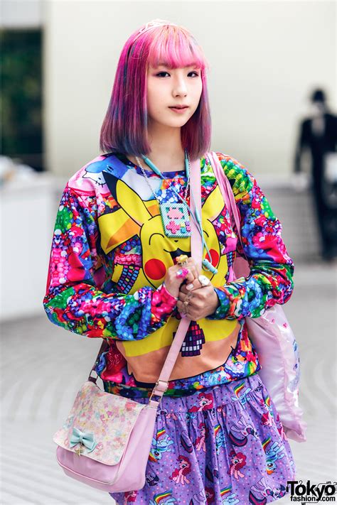 Kawaii Shinjuku Street Style W Pink Hair Mixed Prints Vintage Pikachu Top Wego Rilu Rilu