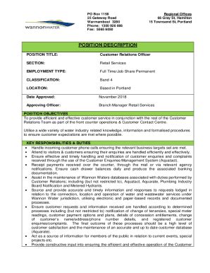 Fillable Online Position Description Customer Relations Officer Fax