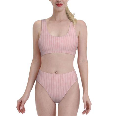 Adobk Pink Stripes Print Women High Waisted Bikini Set Sports Swimsuit