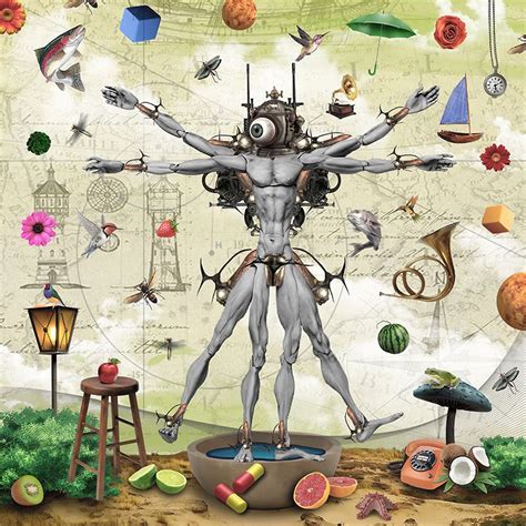 An Image Of A Man With Many Things In The Air And On His Head