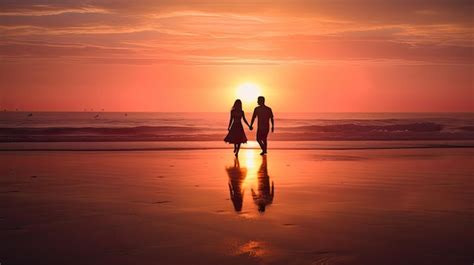 Pareja Paseando Por La Playa Al Atardecer Sus Siluetas Emergiendo