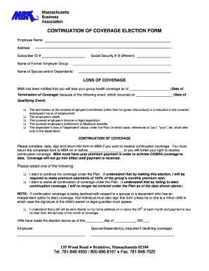 Fillable Online Continuation Of Coverage Election Form Fax Email Print