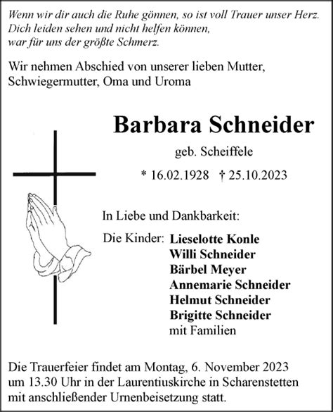 Traueranzeigen Von Barbara Schneider S Dwest Presse Trauer