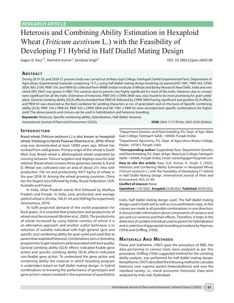 Pdf Heterosis And Combining Ability Estimation In Hexaploid Wheat