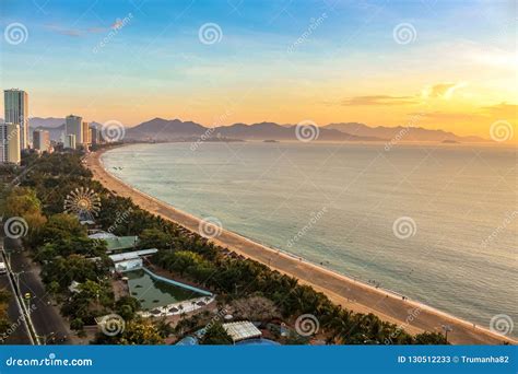 City Seascape with Aerial View of Nha Trang Beach, Mountains and Bay at Colorful Sunrise Stock ...