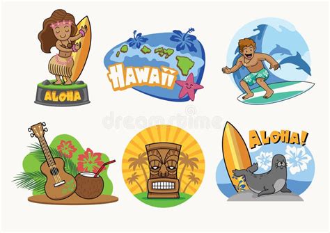 Hawaii Cartoon Badge Design in Set Stock Vector - Illustration of ...