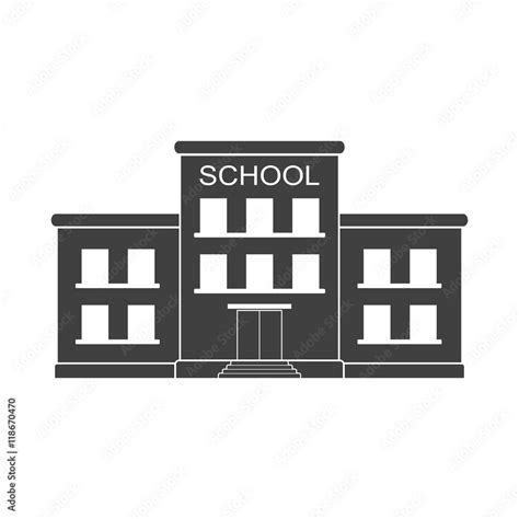 Classical school building icon isolated on white background. Front yard ...