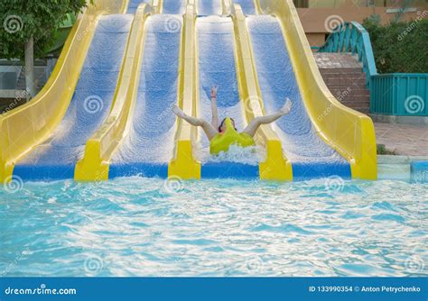 Girl Sliding Water Park Woman Sliding Down On Water Slide In Aqua Park