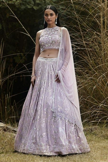 Buy Purple Georgette Embroidery Pearl Round Sequin Floral Lehenga Set