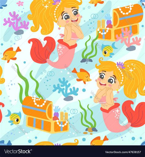 Seamless Pattern With Mermaid And Treasure Chest Vector Image