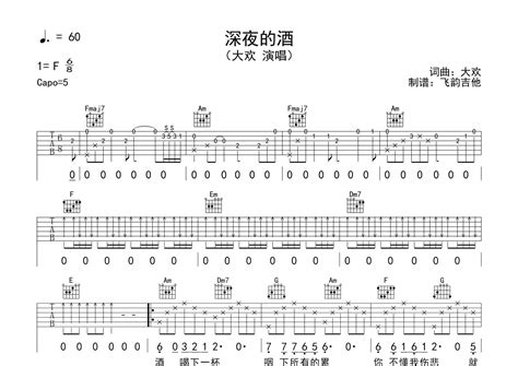 简单的扫弦节奏型《深夜的酒》吉他谱 原调f调 C调编配 易谱库