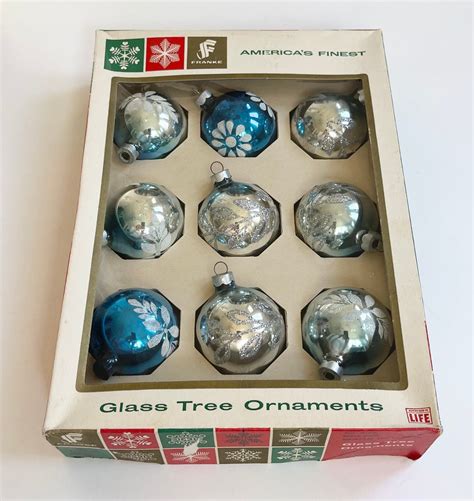 Retro Blue Glass Christmas Ornaments Set Of 9 In Original Box Light Blue Aqua Silver Tone